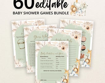 Puede incluir: Un paquete de 60 tarjetas de juegos para baby shower editables con un diseño de arco verde salvia, animales de safari en acuarela y detalles florales secos. Las tarjetas incluyen títulos como Guess Who, Wishes for Baby y Baby Predictions.