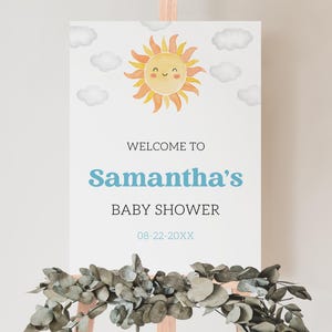 Bearbeitbares Sunshine Babyparty Willkommensschild, hier kommt der Sohn Babyparty Poster, Junge Sonshine Dusche, Boho Sunshine Decor, BBS1007