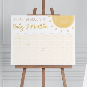 Calendario modificabile per baby shower Sunshine, con date di nascita del bambino, Boho Sunshine Baby Shower, Girl Sun, Un piccolo raggio di sole, BBS316