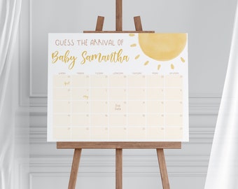 Calendario modificabile per baby shower Sunshine, con date di nascita del bambino, Boho Sunshine Baby Shower, Girl Sun, Un piccolo raggio di sole, BBS316