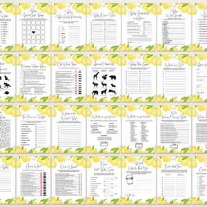 May include: A set of printable baby shower games featuring a lemon theme. The games include "Baby Around the World", "Guess the Baby Food", "Baby Name Race", "Baby Predictions", "Who Knows Mommy Best", "Who Knows Daddy Best", "Find the Guest Bingo", "The Price is Right", "What's in the Diaper Bag", "What's on your Phone", "What's on your Person", "Wishes for Baby", "Guess Who", "Over or Under", "Name that Baby Song", "Bucket List Before You Turn One", "Name That Tune", "Biggest Character Match", "Advice for the Mommy", "What was I Like", "Name a Shout Out Animal", "Nursery Rhymes & Clues", "Old Wives Tales", "Animal Pregnancy", "Baby Shower Game".