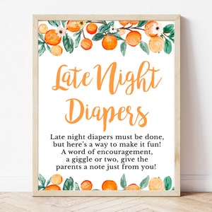 Late Night Diapers Sign Little Cutie Baby Shower, Orange Diaper Thoughts Sign Baby Shower, Gender Neutral Orange Citrus Baby Shower, BBS250