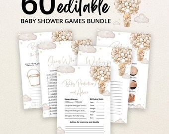 May include: A bundle of 60 editable baby shower game cards featuring a teddy bear in a hot air balloon made of beige and white balloons. The cards include titles like Guess Who, Wishes For, and Baby Predictions and Advice with clouds.