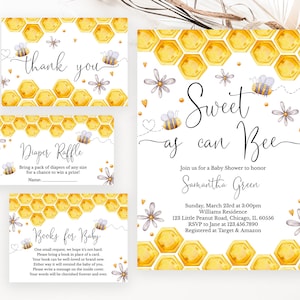 Editable Sweet as can Bee Baby Shower Invitation Bundle, Honey Bee Baby Shower Invite, Bee Baby Shower Invitation Template, Honeycomb BBS302