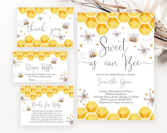 Editable Sweet as can Bee Baby Shower Invitation Bundle, Honey Bee Baby Shower Invite, Bee Baby Shower Invitation Template, Honeycomb BBS302