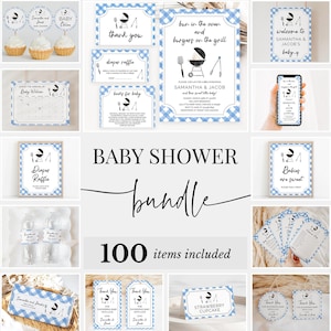 Editable BBQ Baby Shower Bundle, Co-ed BBQ Shower Invitation Pack, Blue Baby-q Shower Game Package, Bun in the Oven and Burger Grill,BBS395
