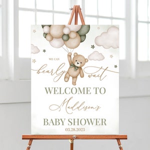 Bearbeitbares geschlechtsneutrales Bärn-Babyparty-Willkommensschild, Wir können Bärenbabyparty-Plakat warten, grüne Boho Bär-Babypartydekoration, BBS390
