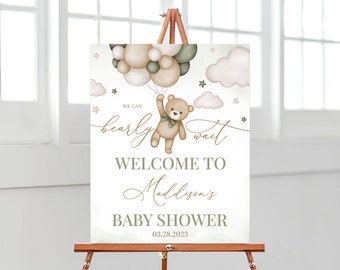 Bearbeitbares geschlechtsneutrales Bärn-Babyparty-Willkommensschild, Wir können Bärenbabyparty-Plakat warten, grüne Boho Bär-Babypartydekoration, BBS390