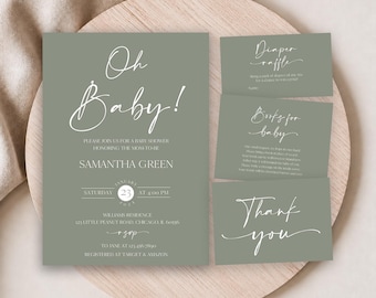 Bewerkbare saliegroene minimalistische Oh Baby babyshower uitnodigingsset, Oh Baby babyshower uitnodiging, genderneutrale babyshower uitnodiging, BBS615