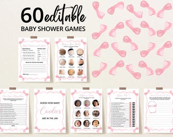 Editable Pink Bow Baby Shower Game Bundle, Pink Girl Baby Shower Game Pack, Pink Girl Ribbon Minimalist Baby Shower Games, BBS869