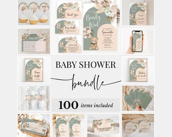 Editable We Can Bearly Wait Baby Shower Bundle, Green Bear Balloon Shower Invitation Pack, Gender Neutral Boho Bear Games Package, BBS434