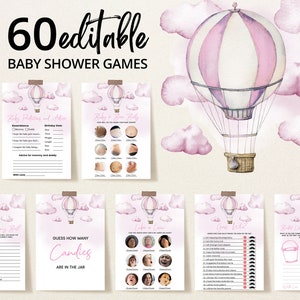 Editable Adventure Awaits Baby Shower Game Bundle, Pink Hot Air Balloon Baby Shower Games, Girl Adventure Awaits Baby Shower, BBS318