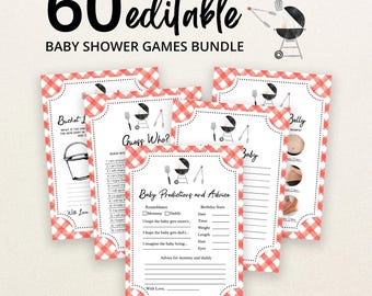 Peut inclure: Un lot de 60 cartes de jeux pour fête prénatale modifiables avec une bordure à carreaux vichy rouge et blanc, du texte noir et des illustrations de barbecue, spatule et pinces. Les cartes incluent des titres comme Baby Predictions and Advice.
