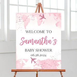 Avventura modificabile attende per bambina, cartello di benvenuto per festa prenatale, poster rosa con mappa del mondo da viaggio, decorazione per baby shower da viaggio rosa, BBS830