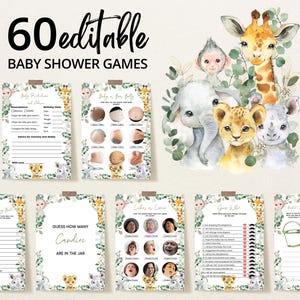 Paquete de juegos editables para baby shower de Wild One Boy, paquete de juegos para baby shower de safari en la jungla, juegos para baby shower con animales de safari en verde, BBS864
