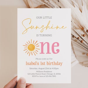 Editable Little Sunshine Birthday Invitation, Minimalist Sunshine 1st Birthday Invite, Pink Sun First Birthday Girl Invite, BRT094