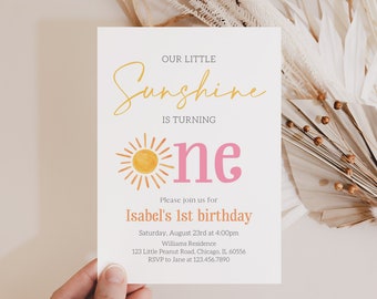 Editable Little Sunshine Birthday Invitation, Minimalist Sunshine 1st Birthday Invite, Pink Sun First Birthday Girl Invite, BRT094