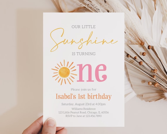 Editable Little Sunshine Birthday Invitation, Minimalist Sunshine 1st Birthday Invite, Pink Sun First Birthday Girl Invite, BRT094