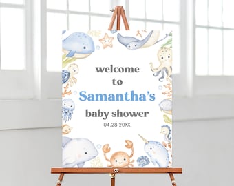 Editable Boy Under the Sea Baby Shower Welcome Sign, Ocean Baby Shower Welcome Poster, Blue Nautical Baby Shower Decoration, BBS368