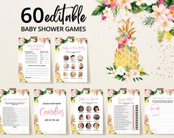 Editable Floral Pink Pineapple Baby Shower Game Bundle, Tropical Pineapple Baby Shower Game Pack, Aloha Girl Pineapple Shower Games, BBS689