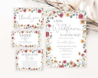 May include: A set of four floral-themed baby shower cards with a watercolor design. The cards include a thank you card, a diaper raffle card, a books for baby card, and a baby shower invitation card. The invitation card says "a little wildflower is on the way!" and includes the name Samantha Green, the date and time of the shower, and the address. The cards are all white with a floral border.