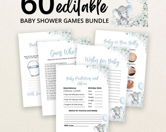 Editable Blue Elephant Baby Shower Game Bundle, Boy Elephant Baby Shower Game Pack, Floral Elephant Baby Shower Games, Little Peanut, BBS714