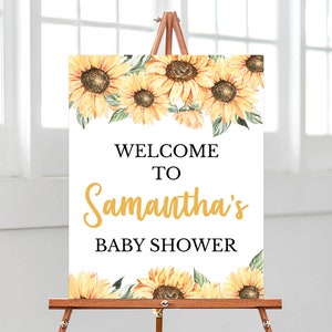 Bearbeitbares Sonnenblumen-Babyparty-Willkommensschild, Mädchen-rustikales Sonnenblumen-Babyparty-Willkommensplakat, Boho-Sonnenblumen-Babypartydekoration, BBS260