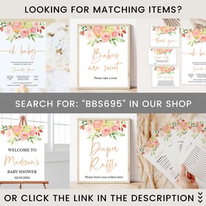 May include: A collection of baby shower stationery with watercolor floral and citrus fruit designs. The set includes invitations, thank you cards, and signs with text like "Oh Baby" and "Babies are sweet." The text "Search for BBS695 in our shop" is also visible.