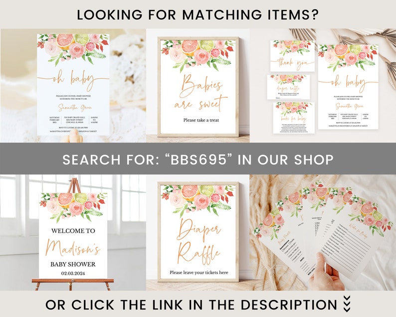 May include: A collection of baby shower stationery with watercolor floral and citrus fruit designs. The set includes invitations, thank you cards, and signs with text like "Oh Baby" and "Babies are sweet." The text "Search for BBS695 in our shop" is also visible.
