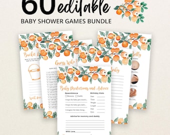 May include: A bundle of 60 editable baby shower game cards featuring watercolor orange and green leaf illustrations. The cards include titles like Baby Predictions and Advice, Guess Who, and Bucket List, with blank lines for writing and orange text.