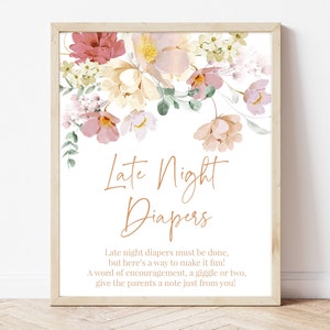 Cartello "Pannolini per la notte" per baby shower "Baby in Bloom", cartello "Pannolini per baby shower con fiori primaverili", decorazione per baby shower con fiori di campo, BBS369