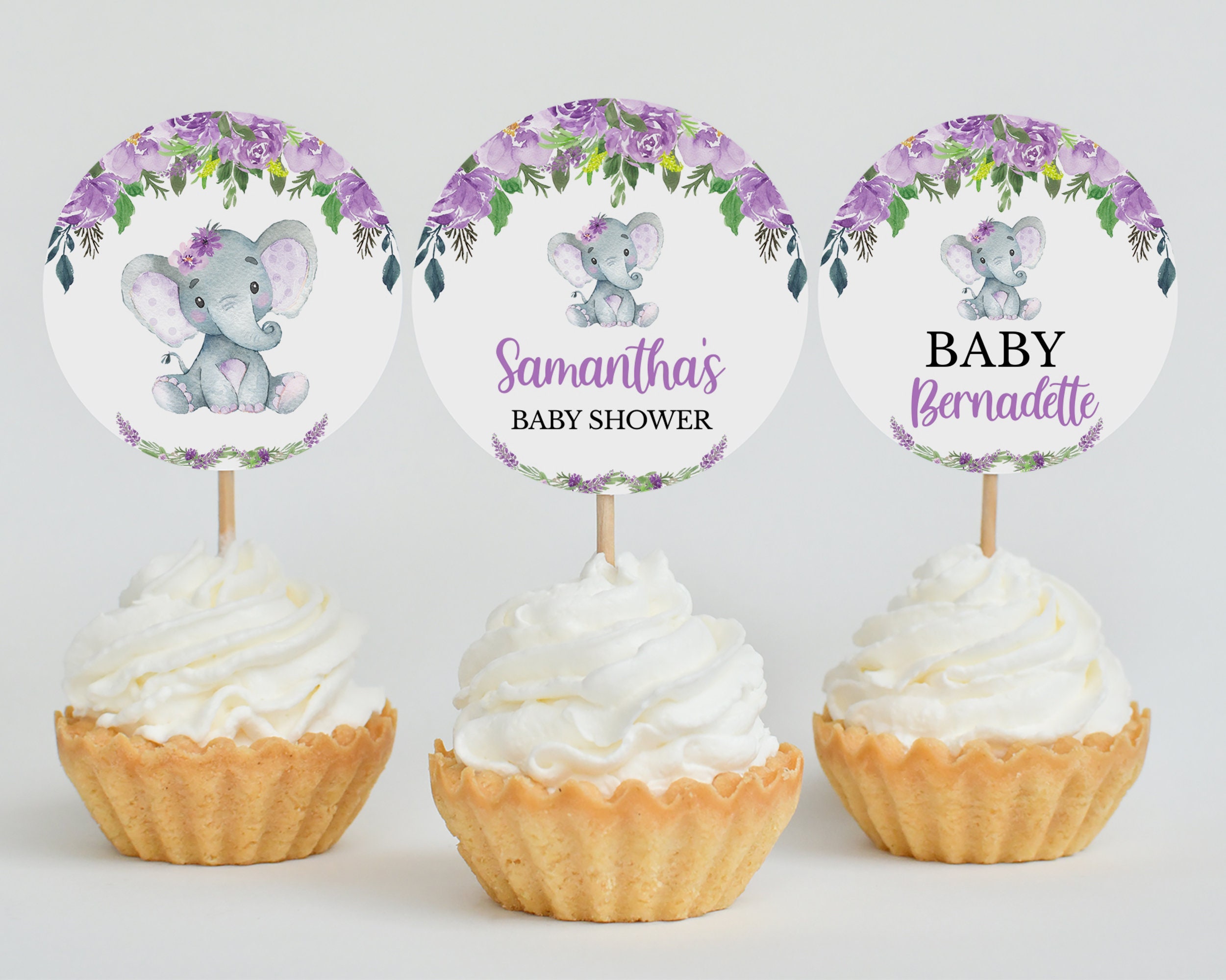 Editable Purple Elephant Baby Shower Cupcake Topper Girl Elephant Shower Cake Topper Floral Elephant Little Peanut Shower
