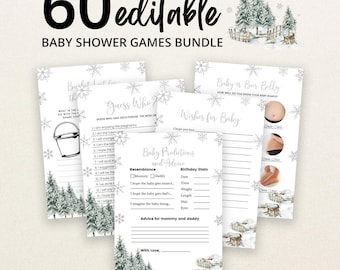 Op de afbeelding: Een bundel van 60 bewerkbare babyshower-spelkaarten met een winterthema, aquarel dennenbomen en sneeuwvlokken. De kaarten bevatten titels zoals Baby Predictions and Advice, Guess Who en Baby or Beer Belly met gedrukte tekst.