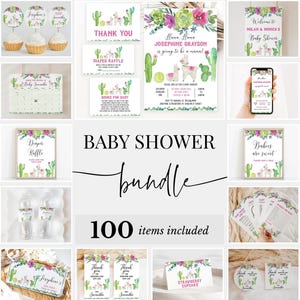 Bearbeitbares Lama Babyparty-Babyparty-Bundle, Kaktus-Lama-Dusche-Einladungspaket, Blumen-Lama-Duschspiele, Kaktus-Fiesta-Paket, BBS140