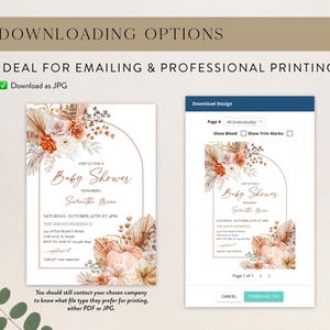 Puede incluir: Un dise&ntilde;o de invitaci&oacute;n para baby shower con un tema floral y calabaza. La invitaci&oacute;n presenta texto y elementos de dise&ntilde;o en tonos naranja, crema y marr&oacute;n. El dise&ntilde;o est&aacute; disponible para descargar como archivo JPG.