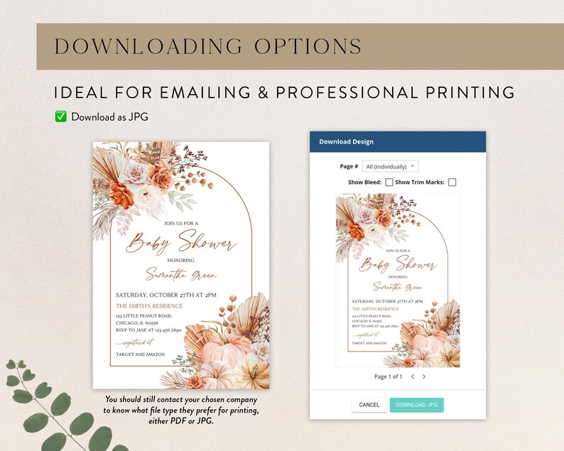 Puede incluir: Un dise&ntilde;o de invitaci&oacute;n para baby shower con un tema floral y calabaza. La invitaci&oacute;n presenta texto y elementos de dise&ntilde;o en tonos naranja, crema y marr&oacute;n. El dise&ntilde;o est&aacute; disponible para descargar como archivo JPG.