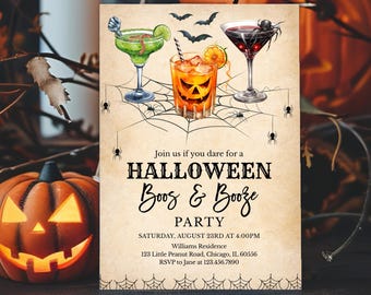 May include: Halloween party invitation featuring three cocktails: a green margarita, a jack-o'-lantern-themed drink, and a dark red martini with a spider. The invitation includes the text "Halloween Boos & Booze Party".