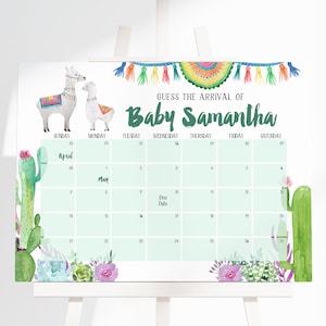 Modificabile Llama Baby Shower Indovina l'arrivo del bambino, Cactus Llama Baby Shower Calendario data di scadenza, Lama floreale, Cactus Fiesta Baby Shower, BBS141