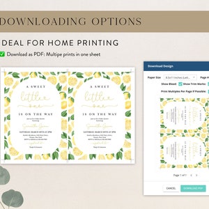 May include: A printable baby shower invitation with a lemon theme. The invitation features a watercolour illustration of lemons and green leaves. The text on the invitation reads "A Sweet Little One is on the Way".