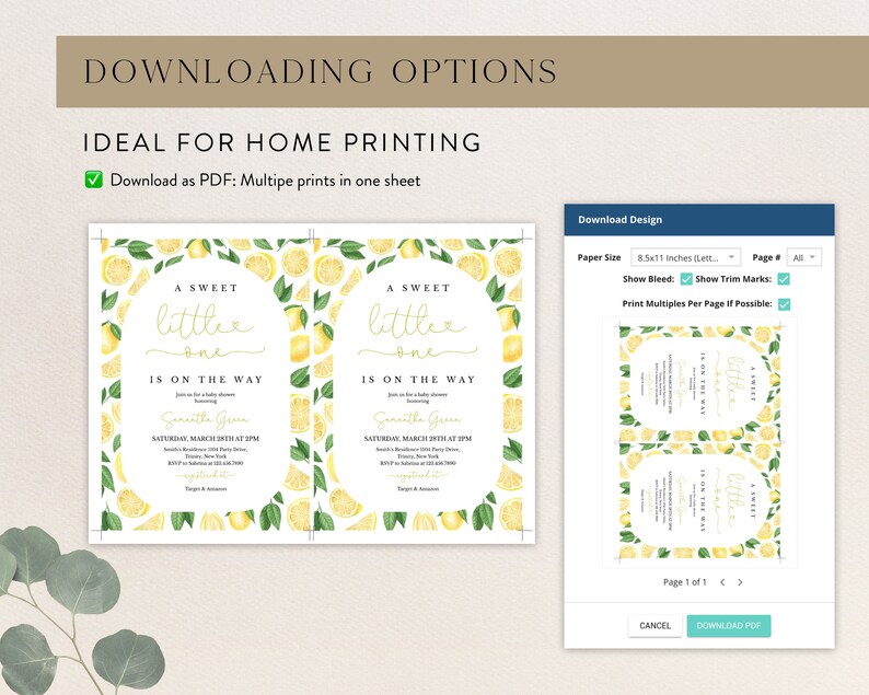May include: A printable baby shower invitation with a lemon theme. The invitation features a watercolour illustration of lemons and green leaves. The text on the invitation reads "A Sweet Little One is on the Way".