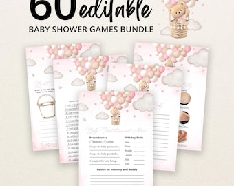 May include: A bundle of 60 editable baby shower game cards featuring a teddy bear in a hot air balloon with pink and cream balloons, clouds, and stars. The cards include text for baby predictions, advice, and games with lines for writing.