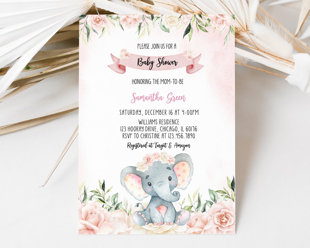 Editable Pink Girl Elephant Baby Shower Invitation, Pink Floral ...