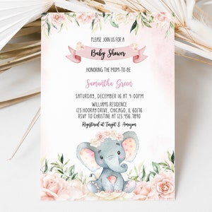 Editable Pink Girl Elephant Baby Shower Invitation, Pink Floral Elephant Baby Shower Invitation, Girl Elephant Baby Shower BBS591
