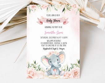 Editable Pink Girl Elephant Baby Shower Invitation, Pink Floral Elephant Baby Shower Invitation, Girl Elephant Baby Shower BBS591