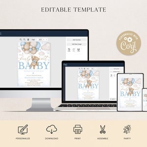 May include: Editable template for a baby shower invitation featuring a cartoon bear holding balloons. The invitation is blue and beige with the text "We can't wait to meet our baby" and "Baby is on the way".