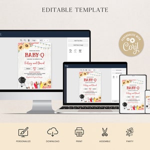 K&ouml;nnte beinhalten: Bearbeitbare Vorlage f&uuml;r eine Babyparty-Einladung mit Grillthema. Die Einladung zeigt einen rustikalen Holzhintergrund mit Sonnenblumen, rot-wei&szlig;em kariertem Stoff und einem Grill mit Grillwerkzeug. Der Text auf der Einladung lautet "Baby-Q" und enth&auml;lt die Namen "Kelsey und David".