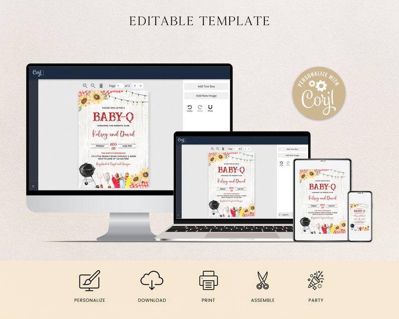 K&ouml;nnte beinhalten: Bearbeitbare Vorlage f&uuml;r eine Babyparty-Einladung mit Grillthema. Die Einladung zeigt einen rustikalen Holzhintergrund mit Sonnenblumen, rot-wei&szlig;em kariertem Stoff und einem Grill mit Grillwerkzeug. Der Text auf der Einladung lautet "Baby-Q" und enth&auml;lt die Namen "Kelsey und David".