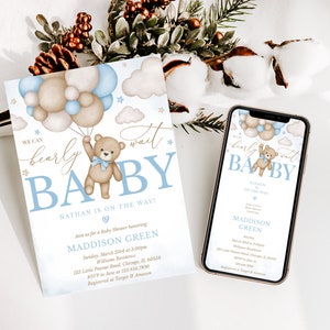 May include: A baby shower invitation with a blue and white background. A teddy bear is holding balloons and the text "We can barely wait Baby" is written in a cursive font. The text "Nathan is on the way!" is written in a bold font. The invitation also includes the date, time, and location of the baby shower.