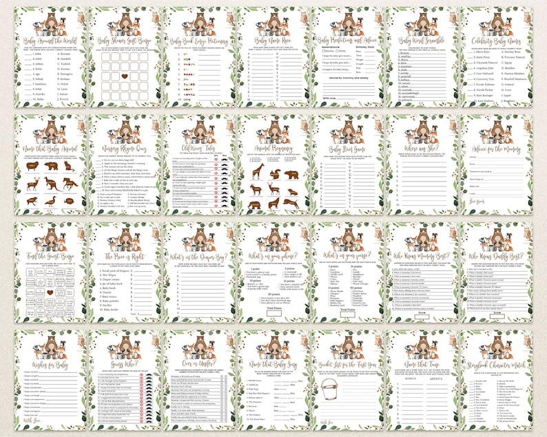 Editable Woodland Baby Shower Game Bundle, Boy Woodland Baby Shower Games, Woodland Animals Game Pack, Greenery Woodland Baby Shower, BBS301 zdjęcie 7