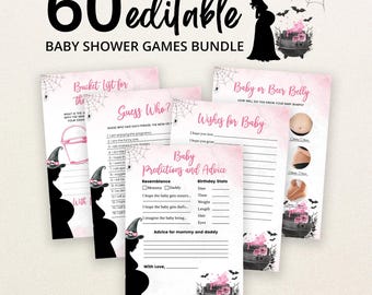Editable A Baby is Brewing Pink Halloween Baby Shower Game Bundle, Girl Halloween Baby Shower Game Pack, Witch Baby Shower Games, BBS429